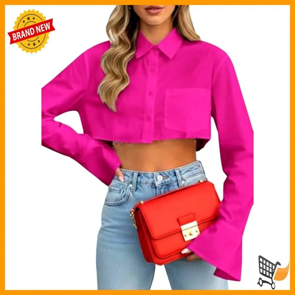 Casual Striped Cropped Button Down Shirt Long Sleeve Crop Top - Picture 3 of 5